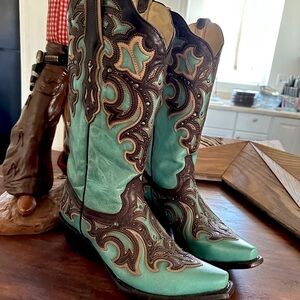 Corral Stitched Turquoise and Brown Cowboy Boots